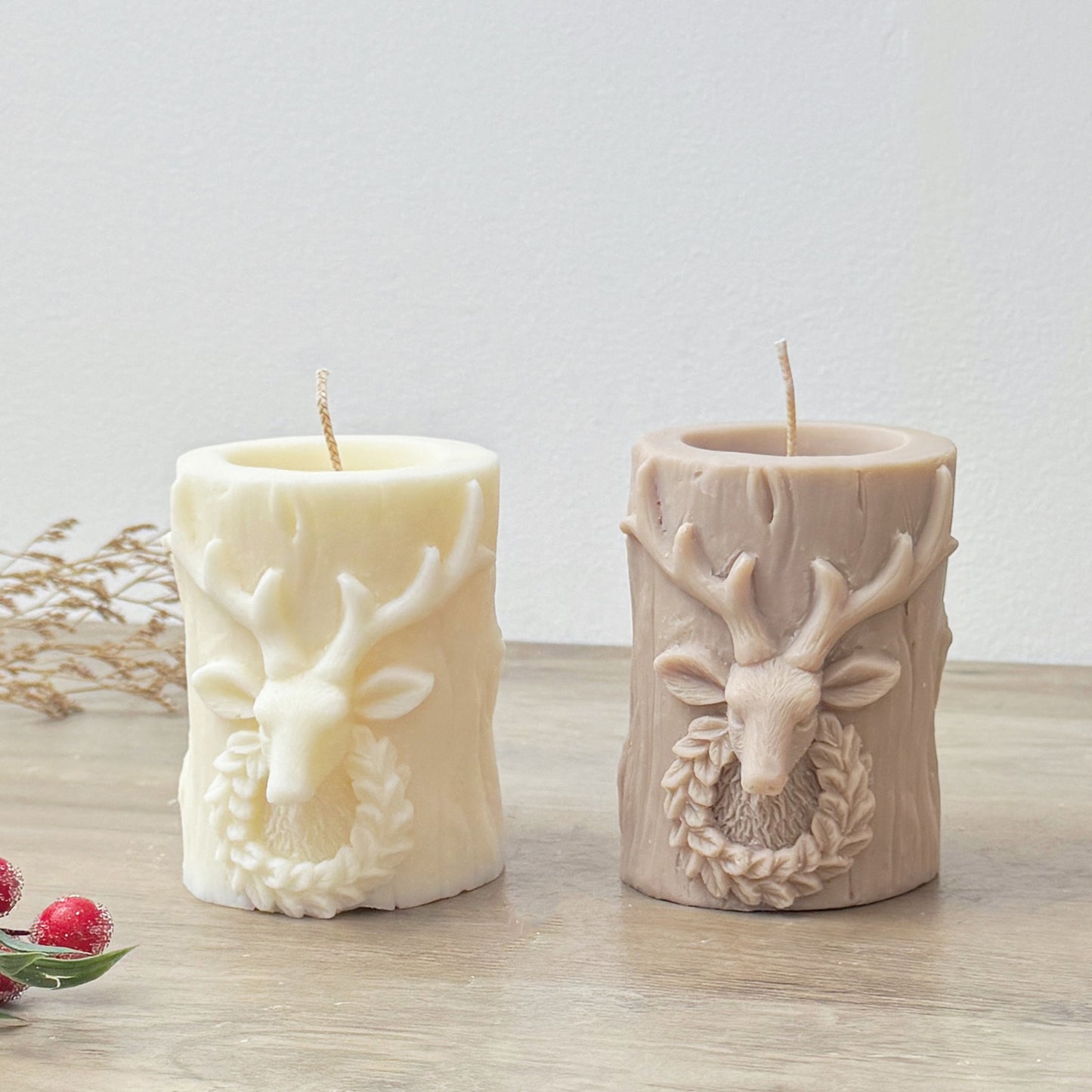 Beige Traditional Christmas Pillar Candle - Christmas Table Candles