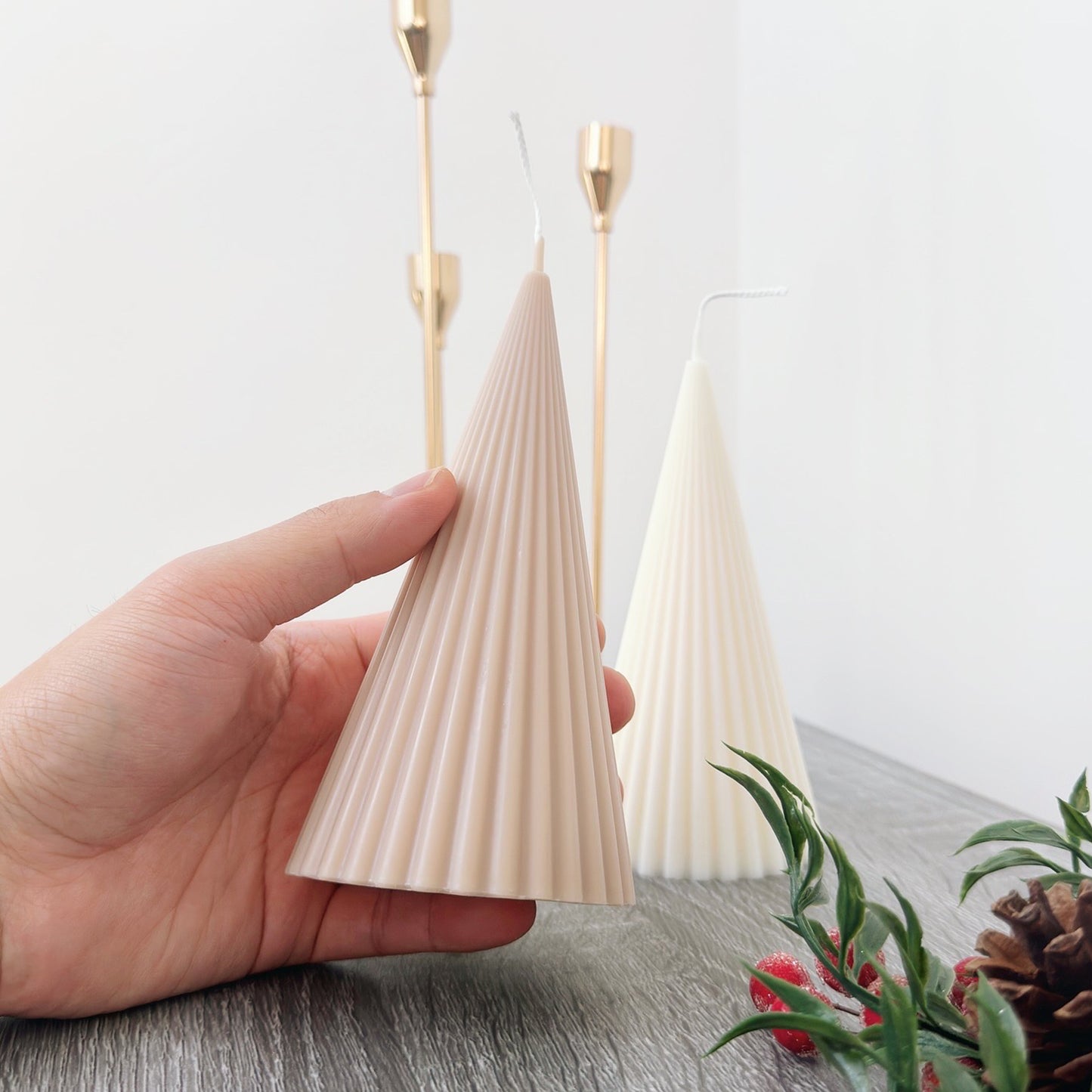 Ribbed Minimalist Christmas Tree Candle - Neutral Christmas Candle - Christmas Pillar Candle