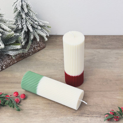 Ribbed Ombre Christmas Candles - Two Tone Christmas Pillar Candles - Minimalist Christmas Decor