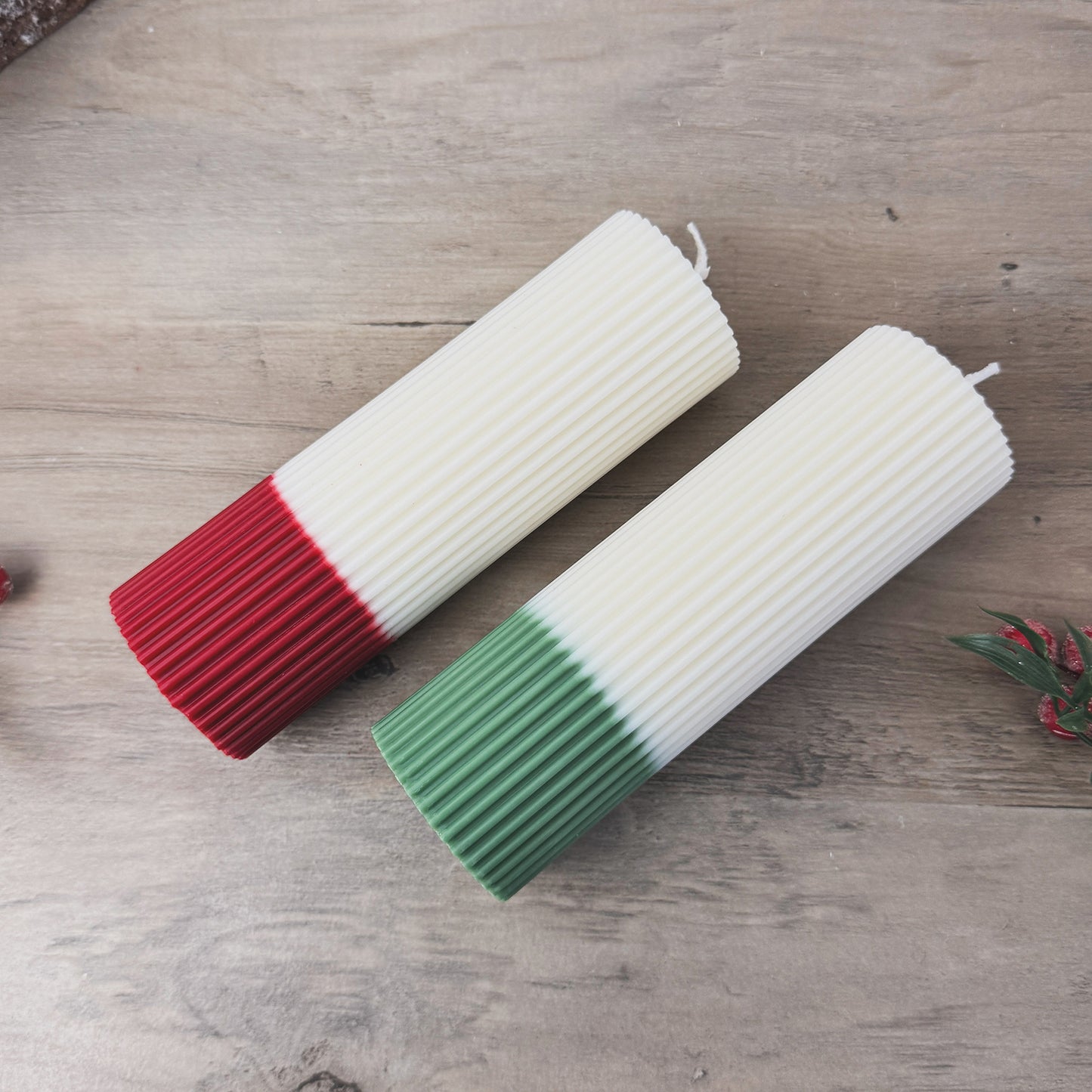 Ribbed Ombre Christmas Candles - Two Tone Christmas Pillar Candles - Minimalist Christmas Decor