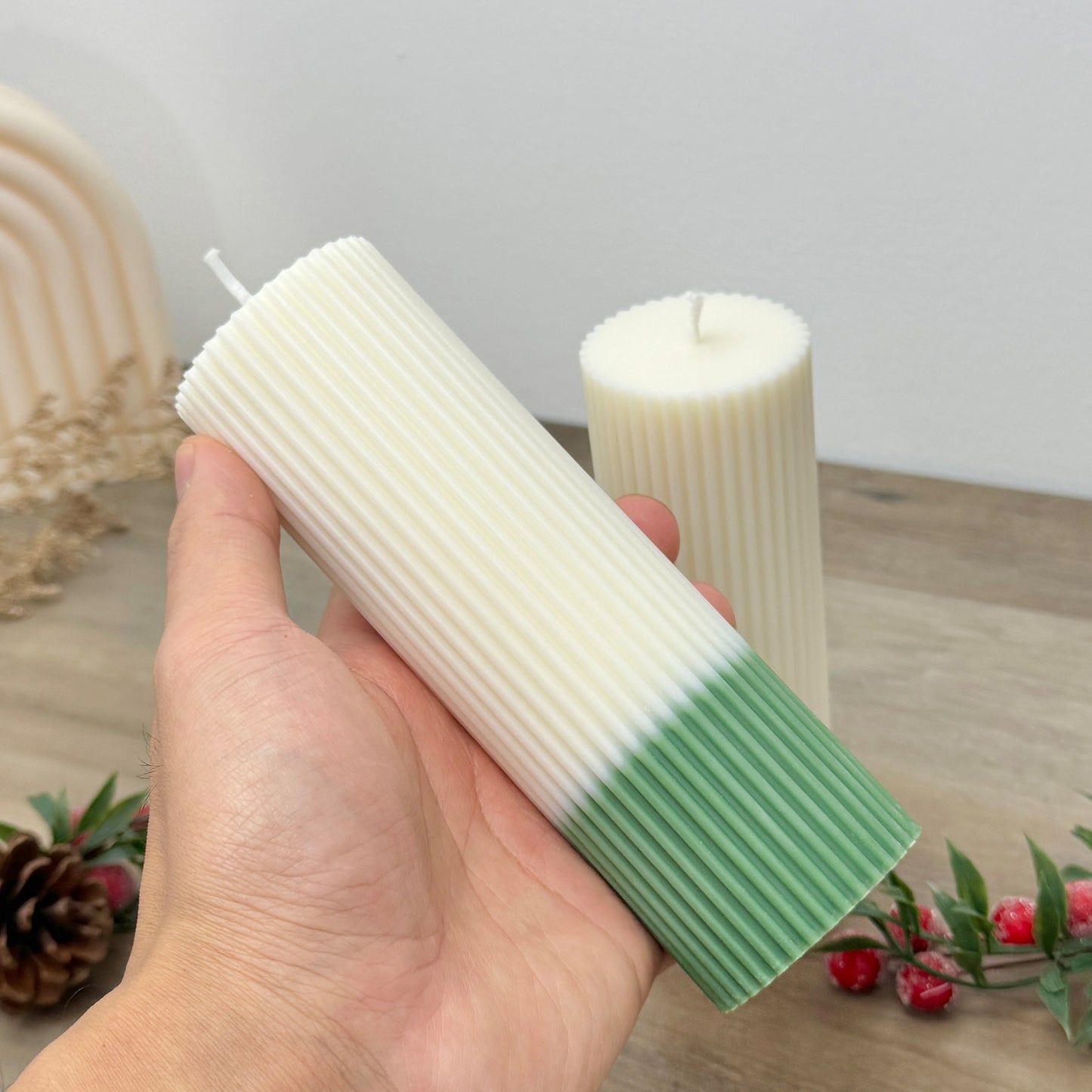 Ribbed Ombre Christmas Candles - Two Tone Christmas Pillar Candles - Minimalist Christmas Decor