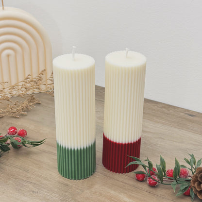 Ribbed Ombre Christmas Candles - Two Tone Christmas Pillar Candles - Minimalist Christmas Decor