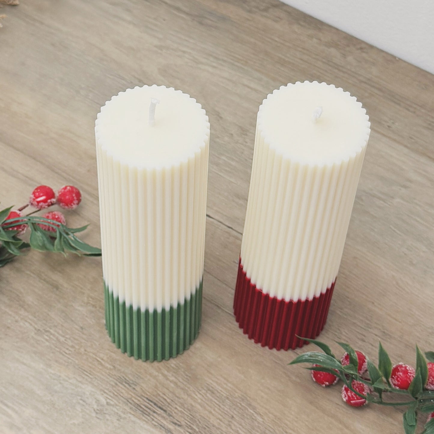 Ribbed Ombre Christmas Candles - Two Tone Christmas Pillar Candles - Minimalist Christmas Decor