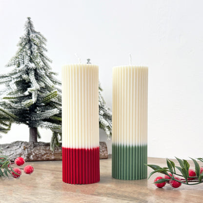 Ribbed Ombre Christmas Candles - Two Tone Christmas Pillar Candles - Minimalist Christmas Decor