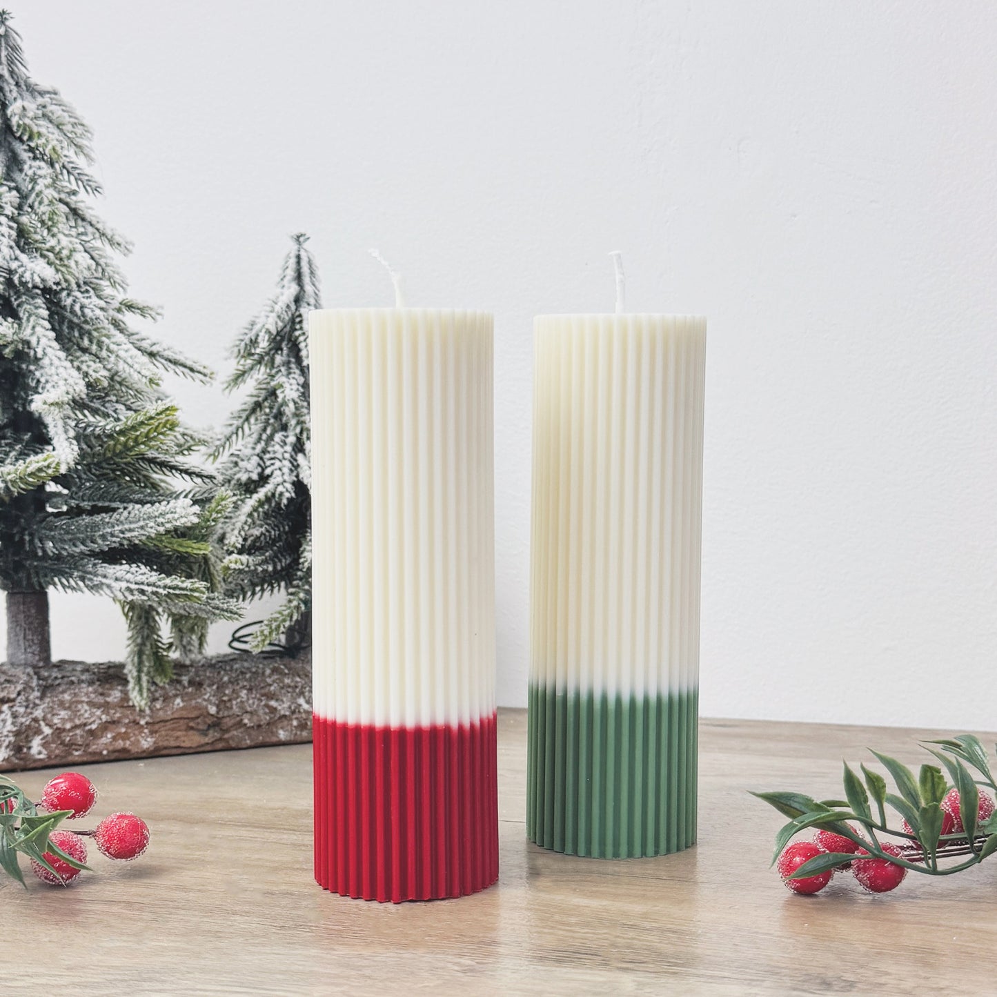 Ribbed Ombre Christmas Candles - Two Tone Christmas Pillar Candles - Minimalist Christmas Decor