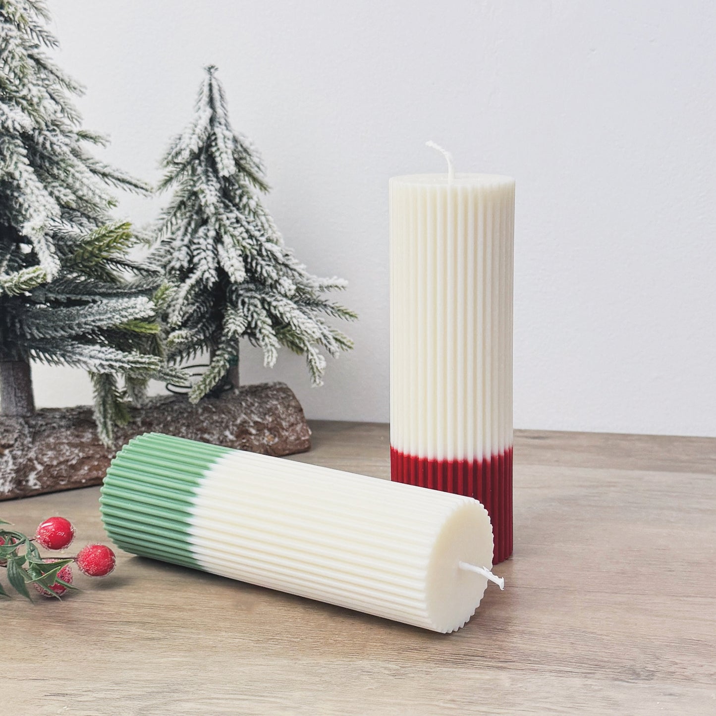 Ribbed Ombre Christmas Candles - Two Tone Christmas Pillar Candles - Minimalist Christmas Decor