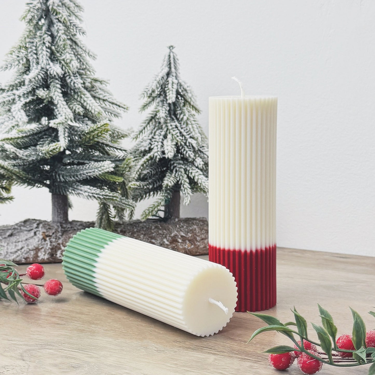 Ribbed Ombre Christmas Candles - Two Tone Christmas Pillar Candles - Minimalist Christmas Decor