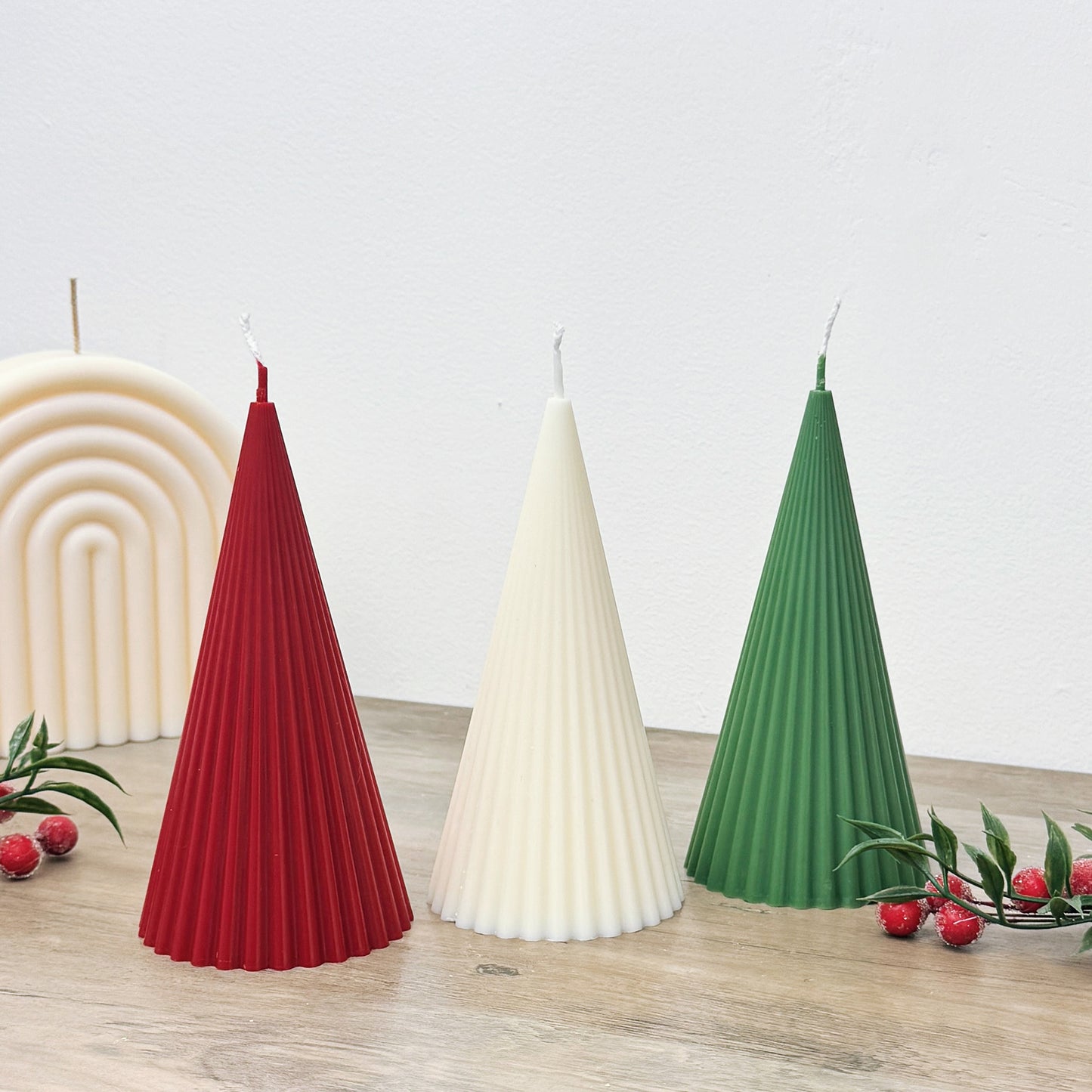 Minimalist Christmas Tree Candles - Modern Christmas Candle - Ribbed Pillar Candle