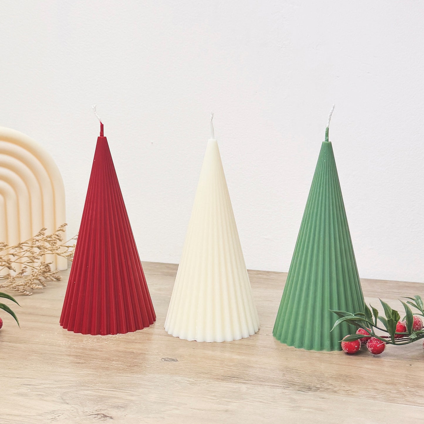 Minimalist Christmas Tree Candles - Modern Christmas Candle - Ribbed Pillar Candle