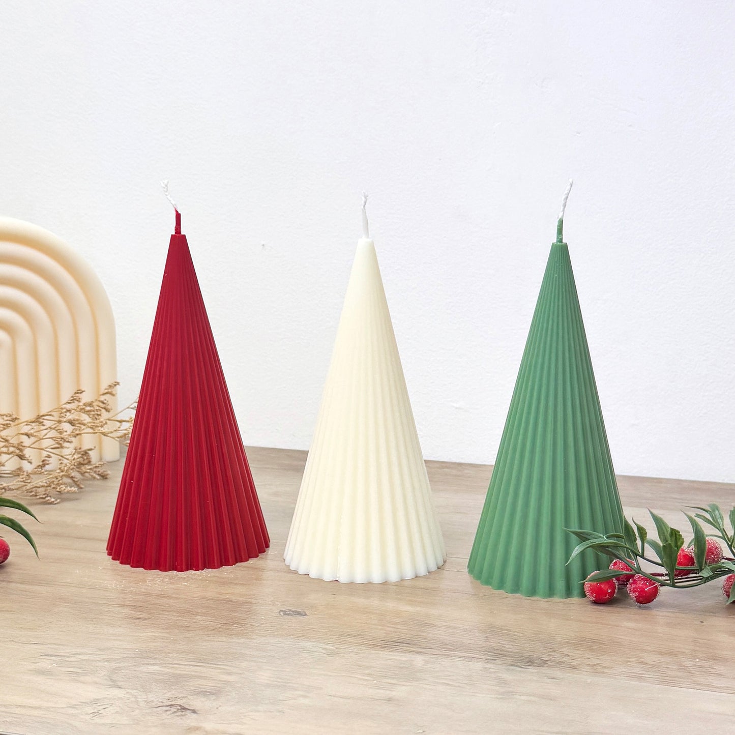 Minimalist Christmas Tree Candles - Modern Christmas Candle - Ribbed Pillar Candle