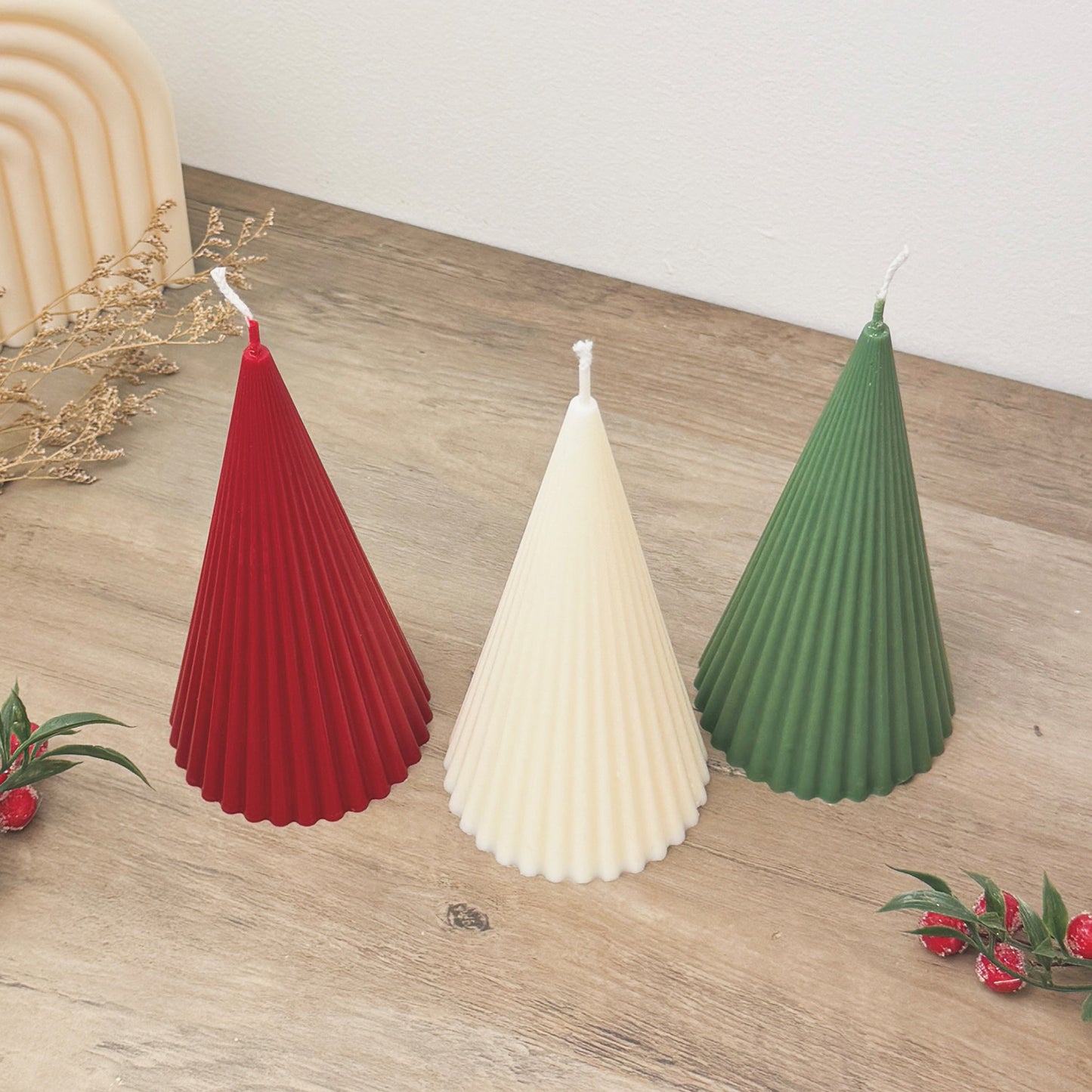 Minimalist Christmas Tree Candles - Modern Christmas Candle - Ribbed Pillar Candle