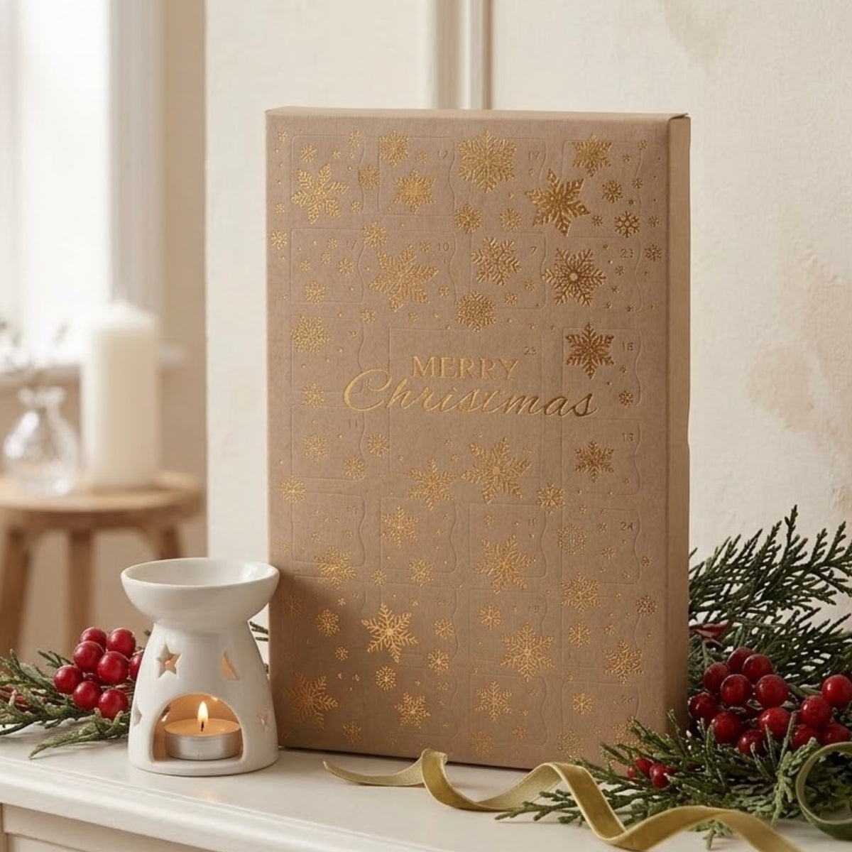 A Christmas soy wax melt advent calendar in textured kraft brown paper with gold foil snowflakes and 'Merry Christmas' written on the front, styled on a white mantelpiece with a white candle holder, green pine branches, red berries, and a gold ribbon.