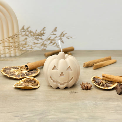 Beige Carved Pumpkin Candle - Halloween Pumpkin Candles - Spiced Pumpkin Candle