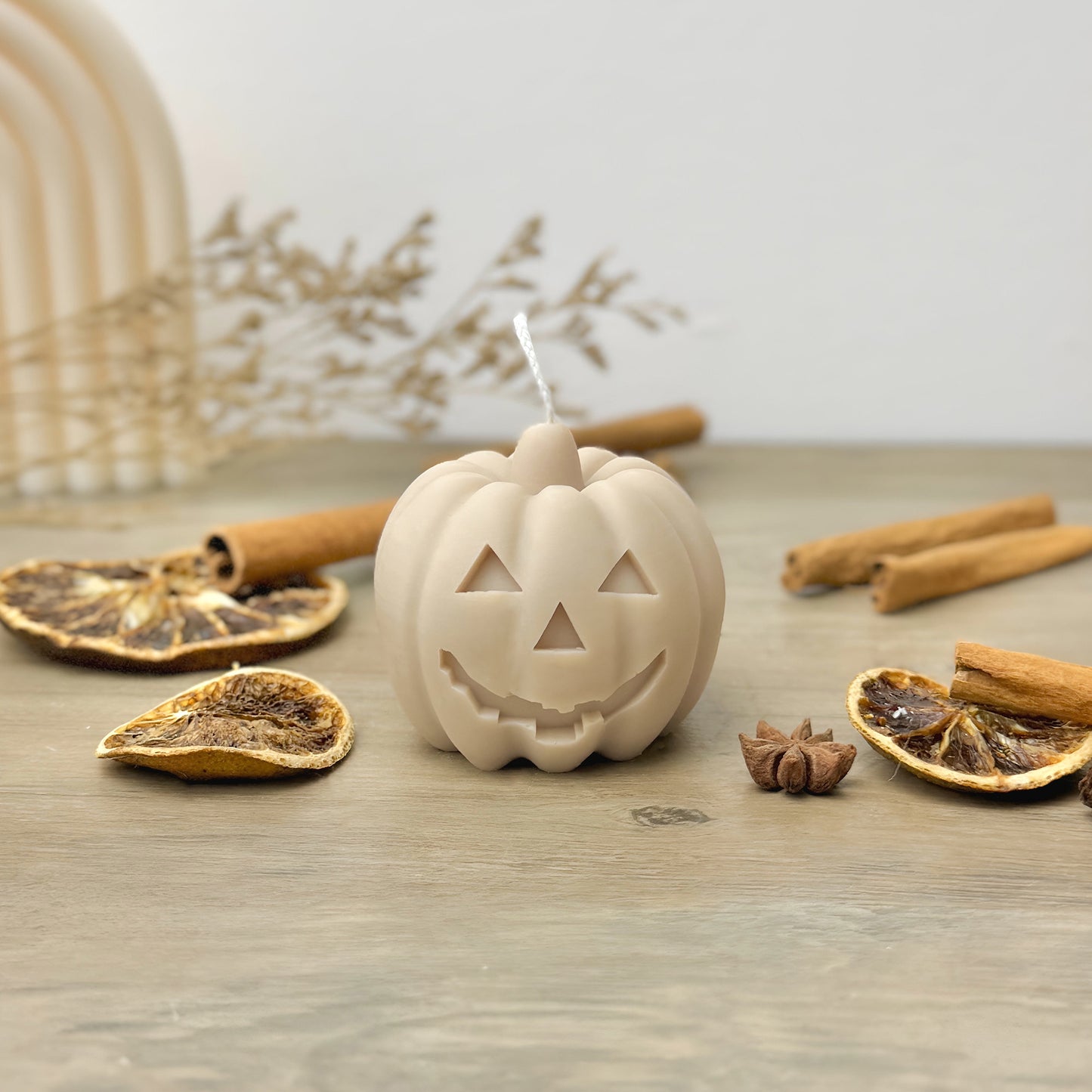 Beige Carved Pumpkin Candle - Halloween Pumpkin Candles - Spiced Pumpkin Candle