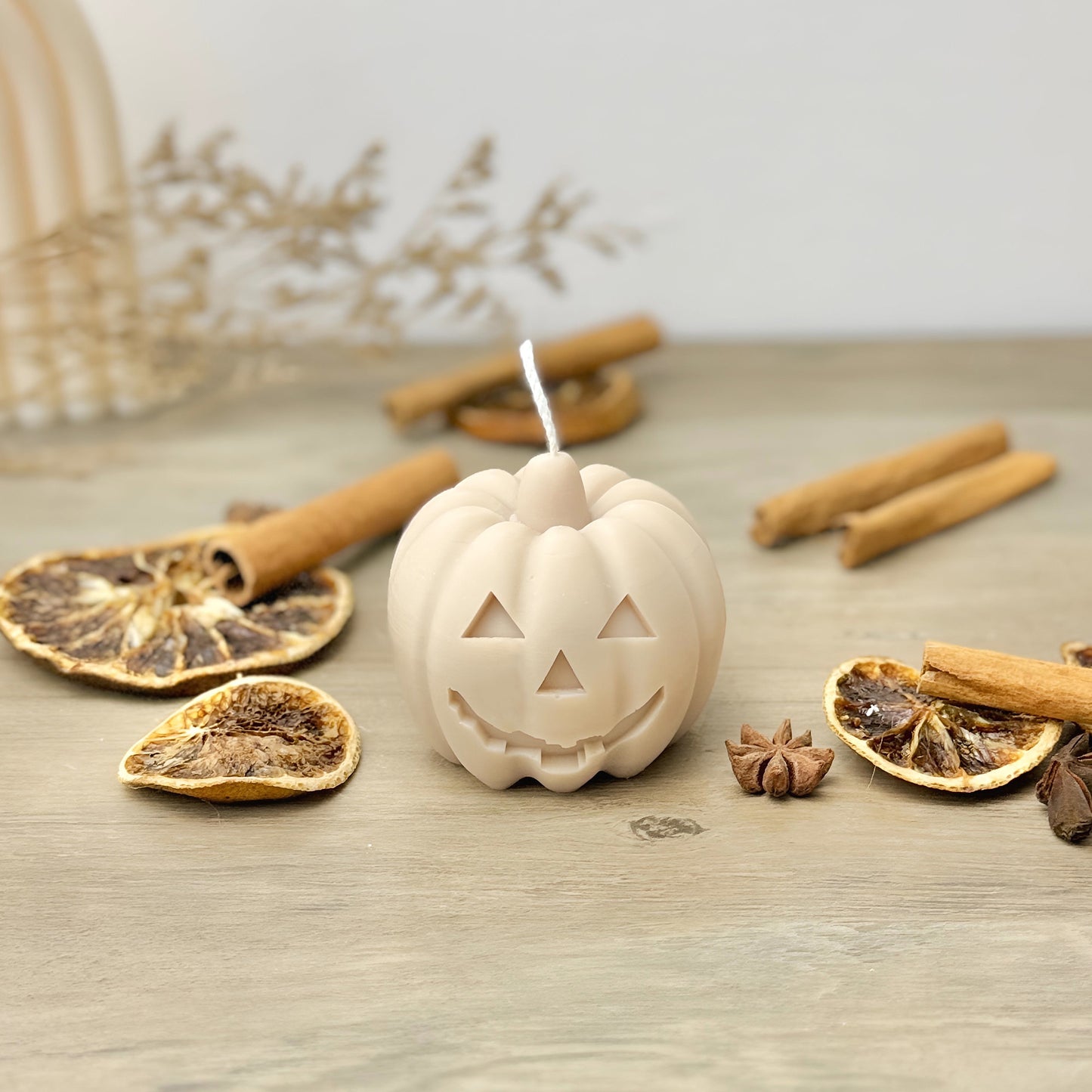 Beige Carved Pumpkin Candle - Halloween Pumpkin Candles - Spiced Pumpkin Candle