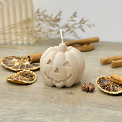 Beige Carved Pumpkin Candle - Halloween Pumpkin Candles - Spiced Pumpkin Candle