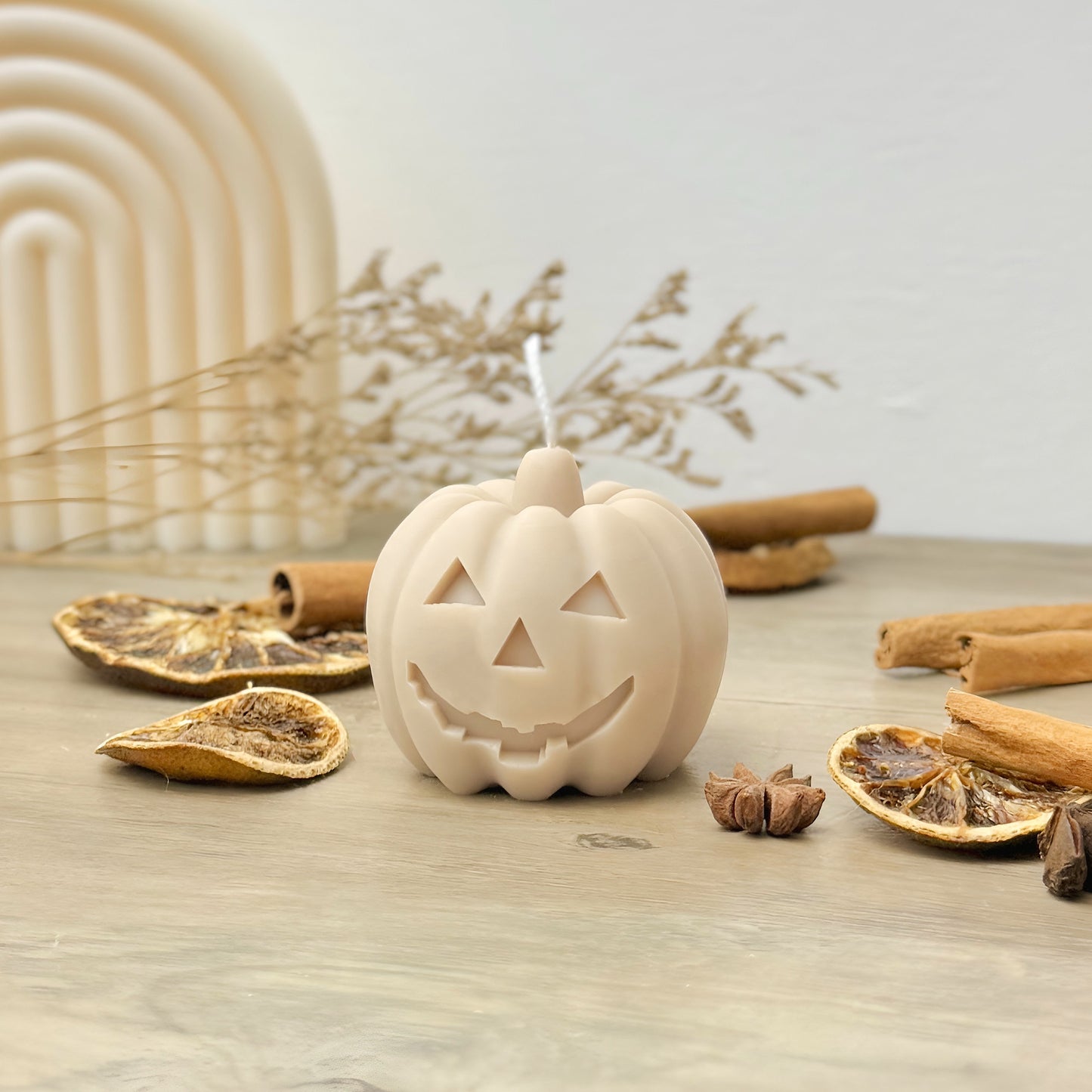 Beige Carved Pumpkin Candle - Halloween Pumpkin Candles - Spiced Pumpkin Candle