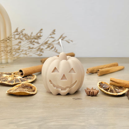 Beige Carved Pumpkin Candle - Halloween Pumpkin Candles - Spiced Pumpkin Candle