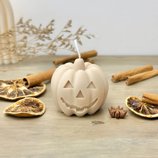 Beige Carved Pumpkin Candle - Halloween Pumpkin Candles - Spiced Pumpkin Candle