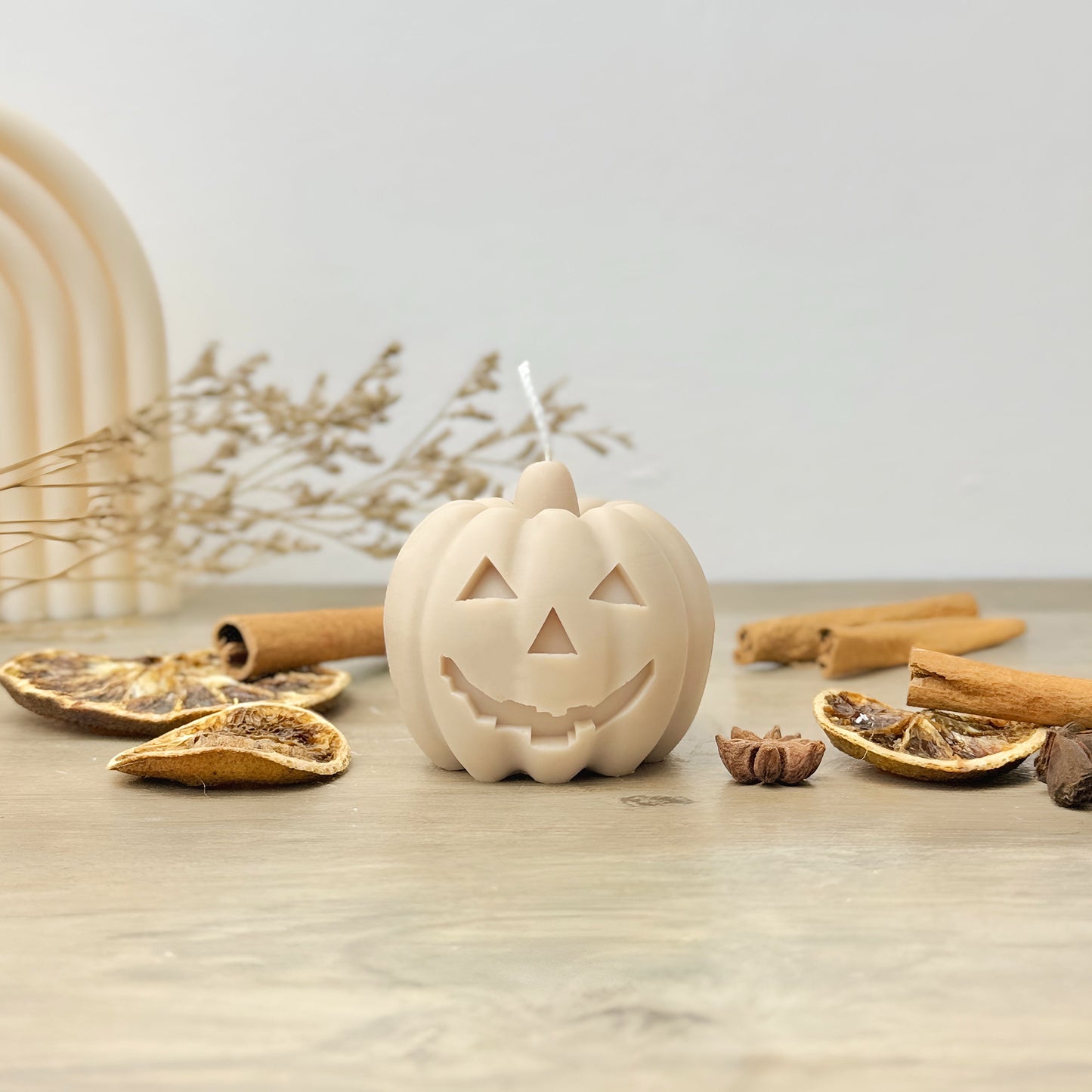 Beige Carved Pumpkin Candle - Halloween Pumpkin Candles - Spiced Pumpkin Candle