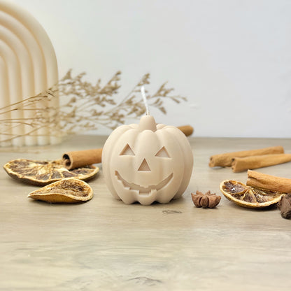 Beige Carved Pumpkin Candle - Halloween Pumpkin Candles - Spiced Pumpkin Candle