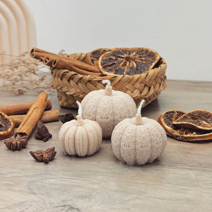 Beige Pumpkin Candles Set of 3 - Pumpkin Spice Candles - Autumn Decor Candles