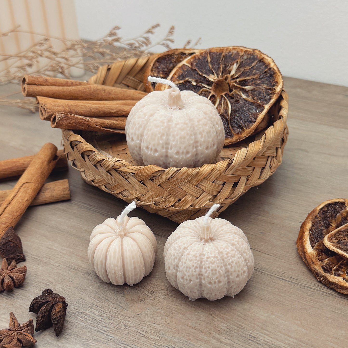 Beige Pumpkin Candles Set of 3 - Pumpkin Spice Candles - Autumn Decor Candles