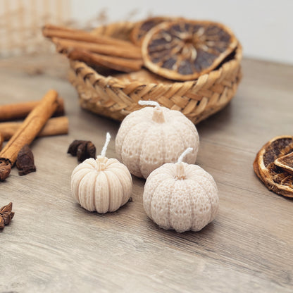 Beige Pumpkin Candles Set of 3 - Pumpkin Spice Candles - Autumn Decor Candles