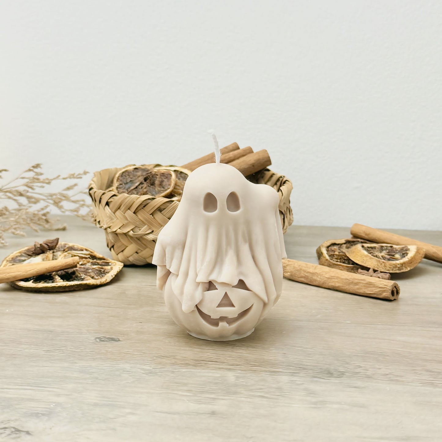 Beige Ghost and Pumpkin Halloween Candle - Ghost Halloween Decoration