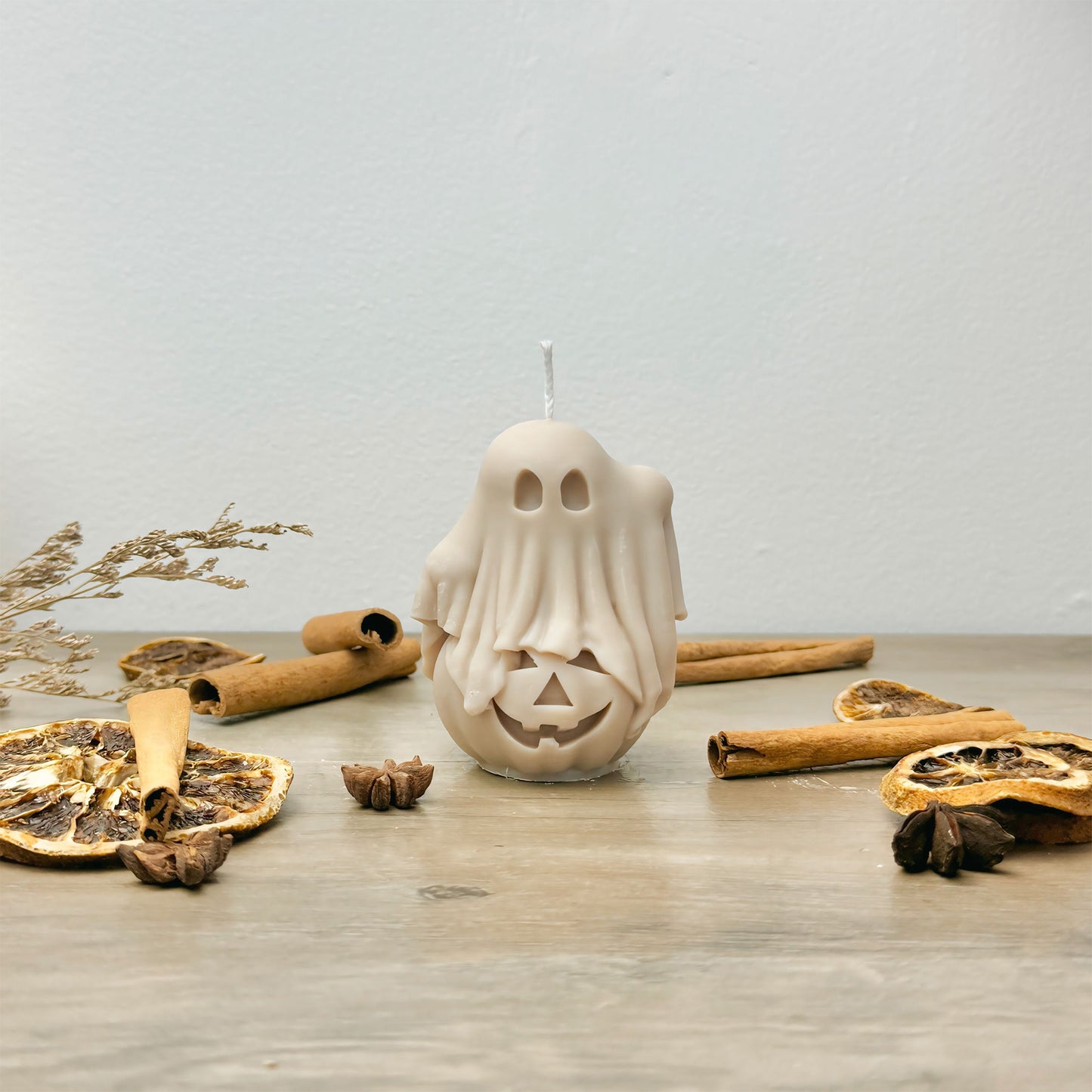 Beige Ghost and Pumpkin Halloween Candle - Ghost Halloween Decoration