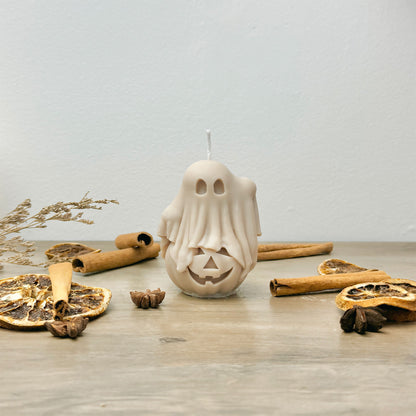 Beige Ghost and Pumpkin Halloween Candle - Ghost Halloween Decoration