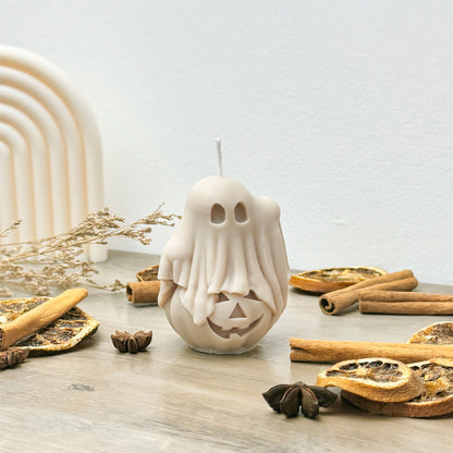 Beige Ghost and Pumpkin Halloween Candle - Ghost Halloween Decoration