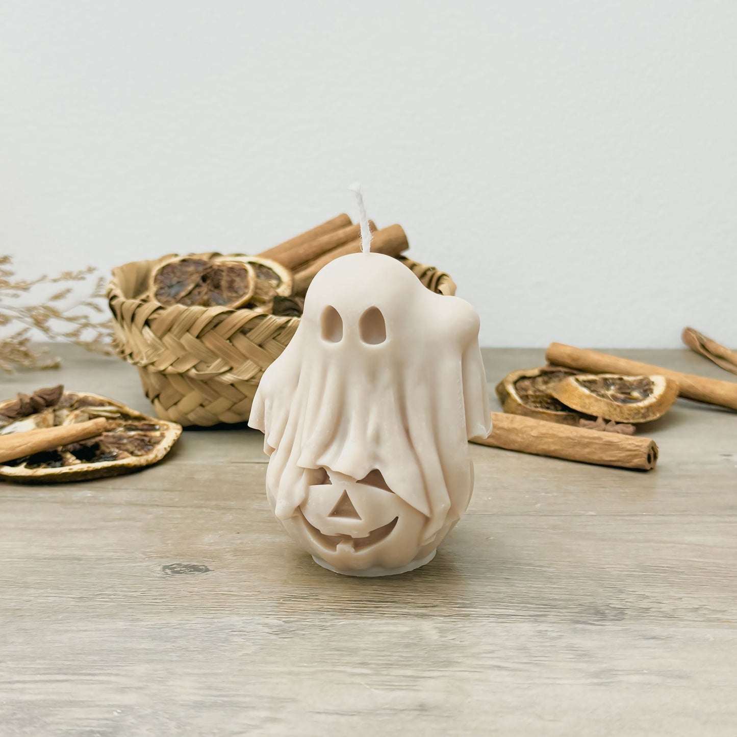 Beige Ghost and Pumpkin Halloween Candle - Ghost Halloween Decoration