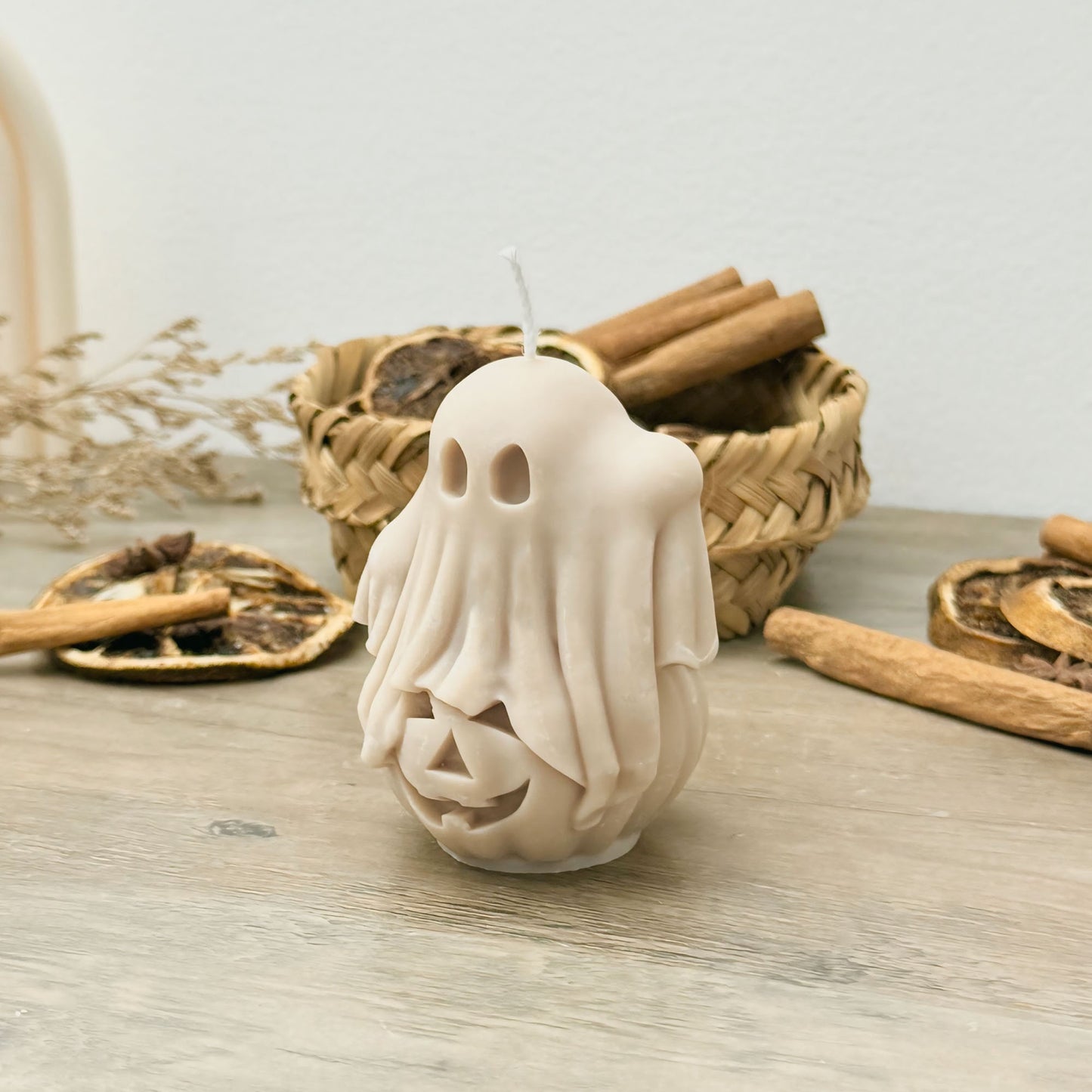 Beige Ghost and Pumpkin Halloween Candle - Ghost Halloween Decoration