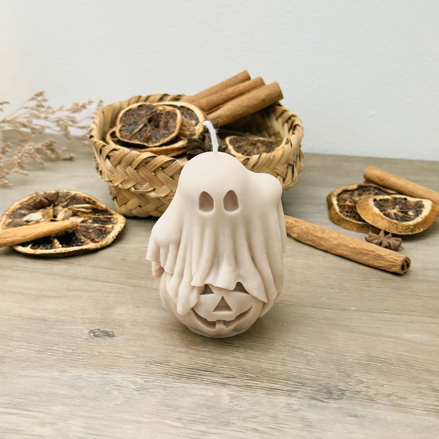 Beige Ghost and Pumpkin Halloween Candle - Ghost Halloween Decoration