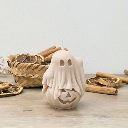 Beige Ghost and Pumpkin Halloween Candle - Ghost Halloween Decoration