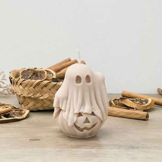 Beige Ghost and Pumpkin Halloween Candle - Ghost Halloween Decoration