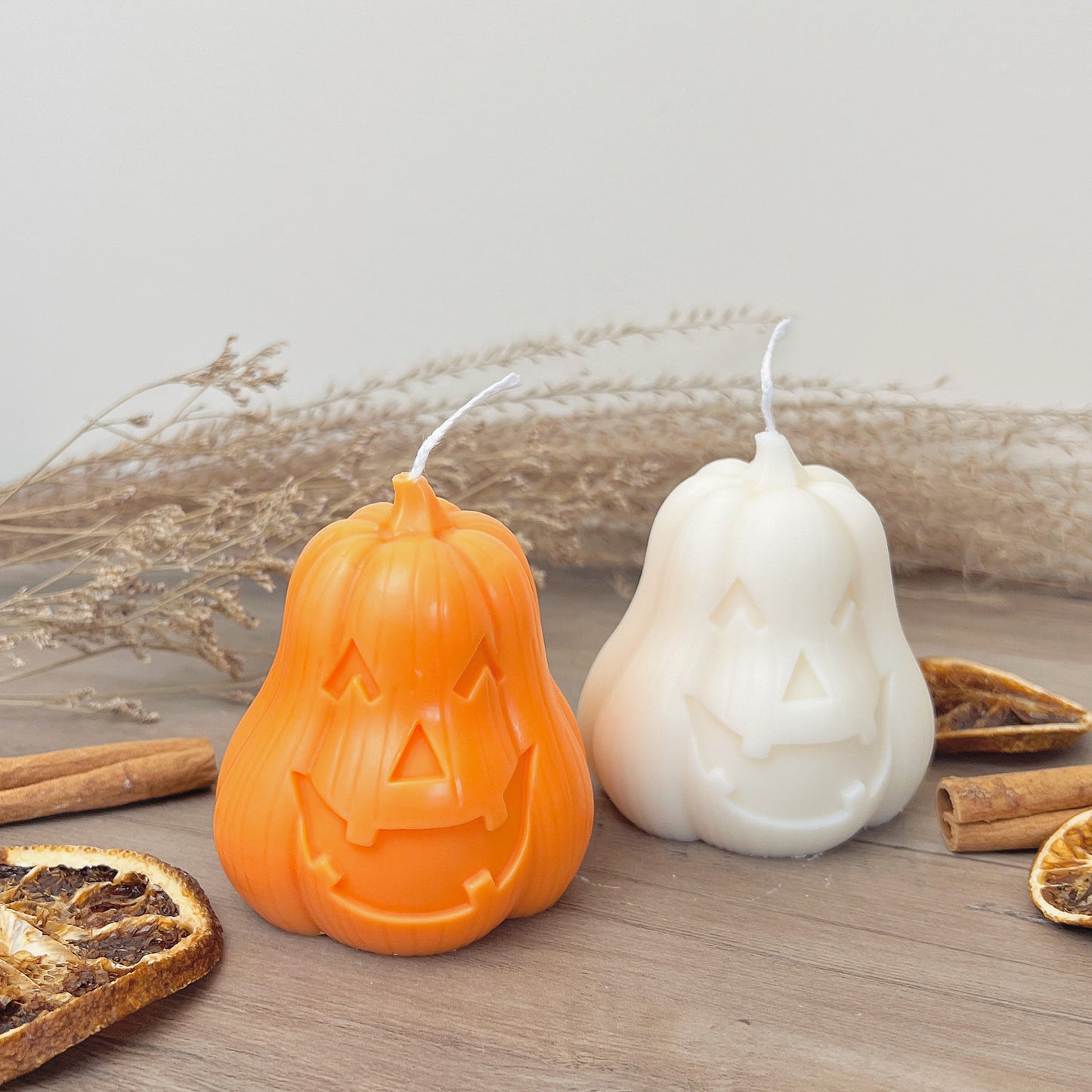 Beige Carved Pumpkin Halloween Candle - Spiced Pumpkin Candle - Carved Jack-O-Lantern