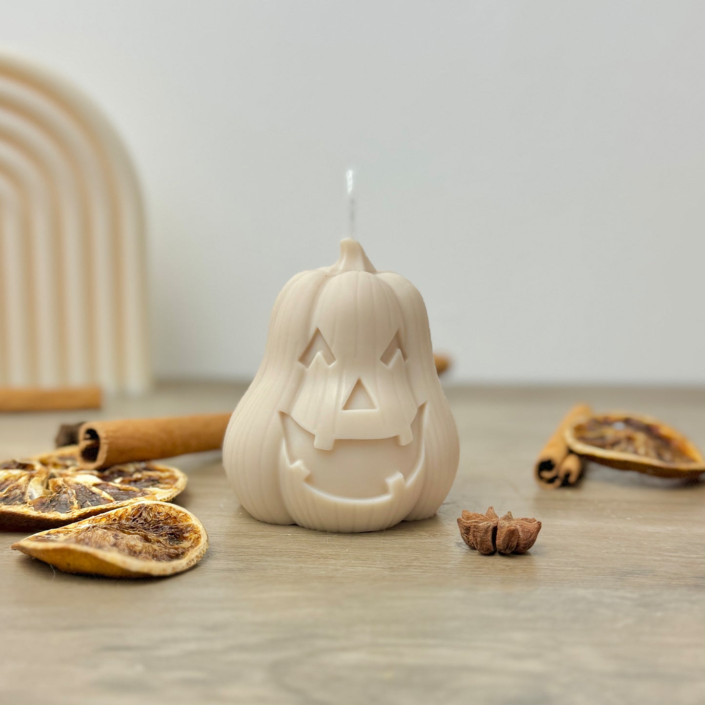 Beige Carved Pumpkin Halloween Candle - Spiced Pumpkin Candle - Carved Jack-O-Lantern