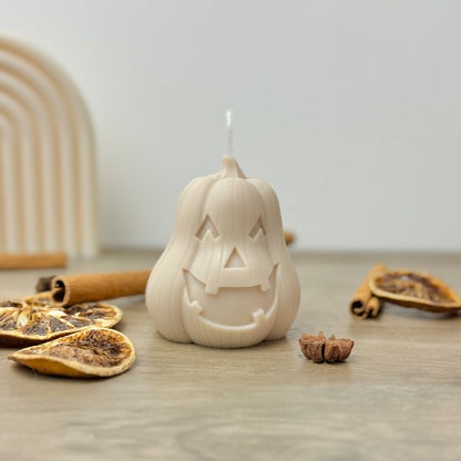 Beige Carved Pumpkin Halloween Candle - Spiced Pumpkin Candle - Carved Jack-O-Lantern