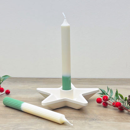 Two Tone Green & White Christmas Dinner Candlesticks - Xmas Dinner Candles