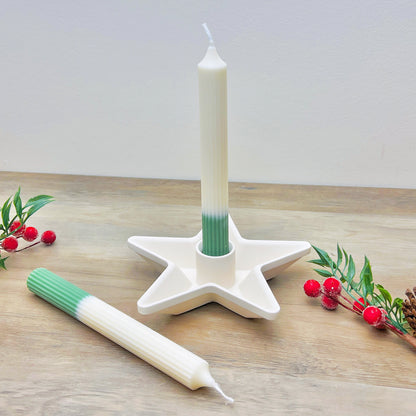 Two Tone Green & White Christmas Dinner Candlesticks - Xmas Dinner Candles