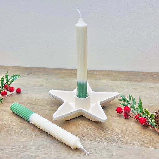 Two Tone Green & White Christmas Dinner Candlesticks - Xmas Dinner Candles