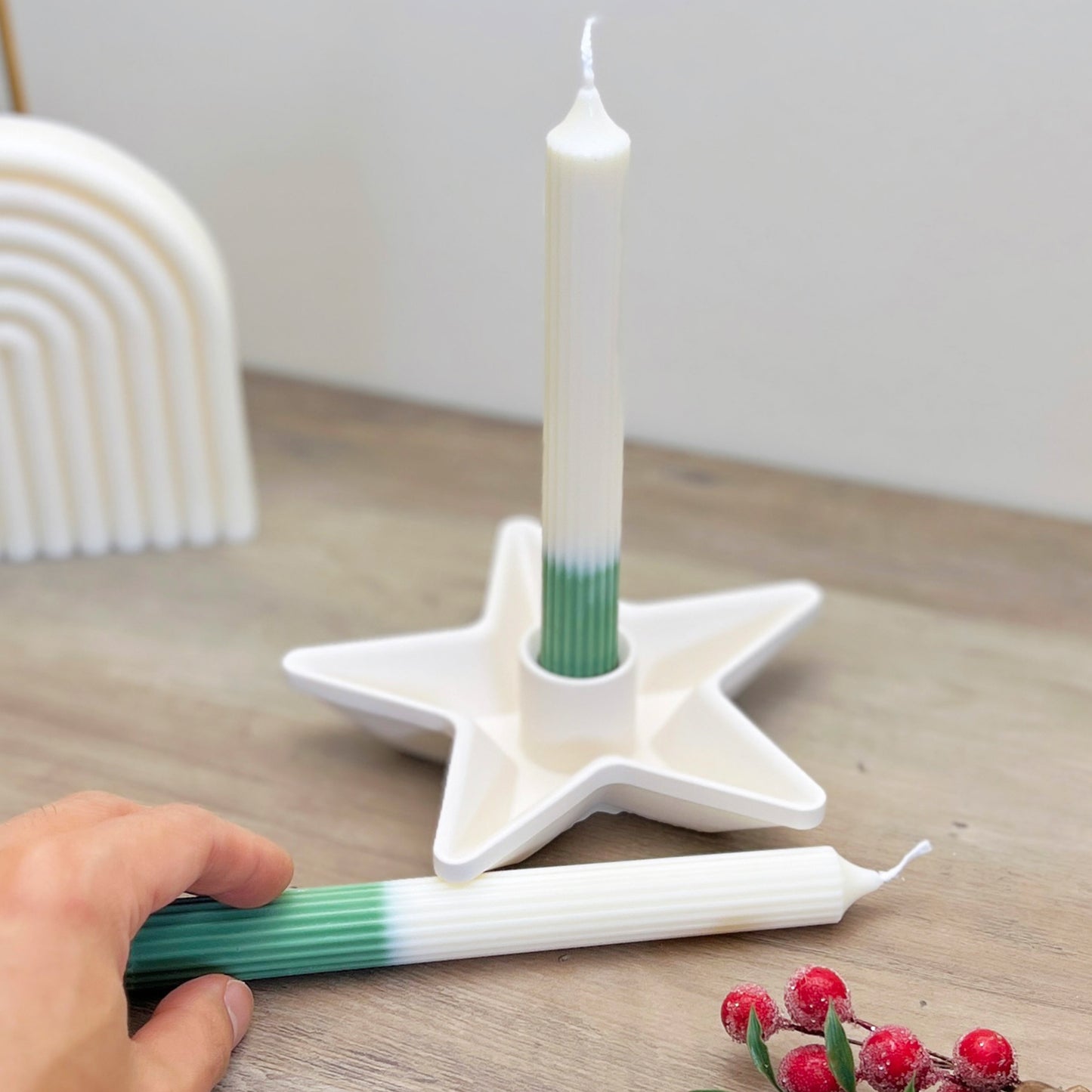 Two Tone Green & White Christmas Dinner Candlesticks - Xmas Dinner Candles