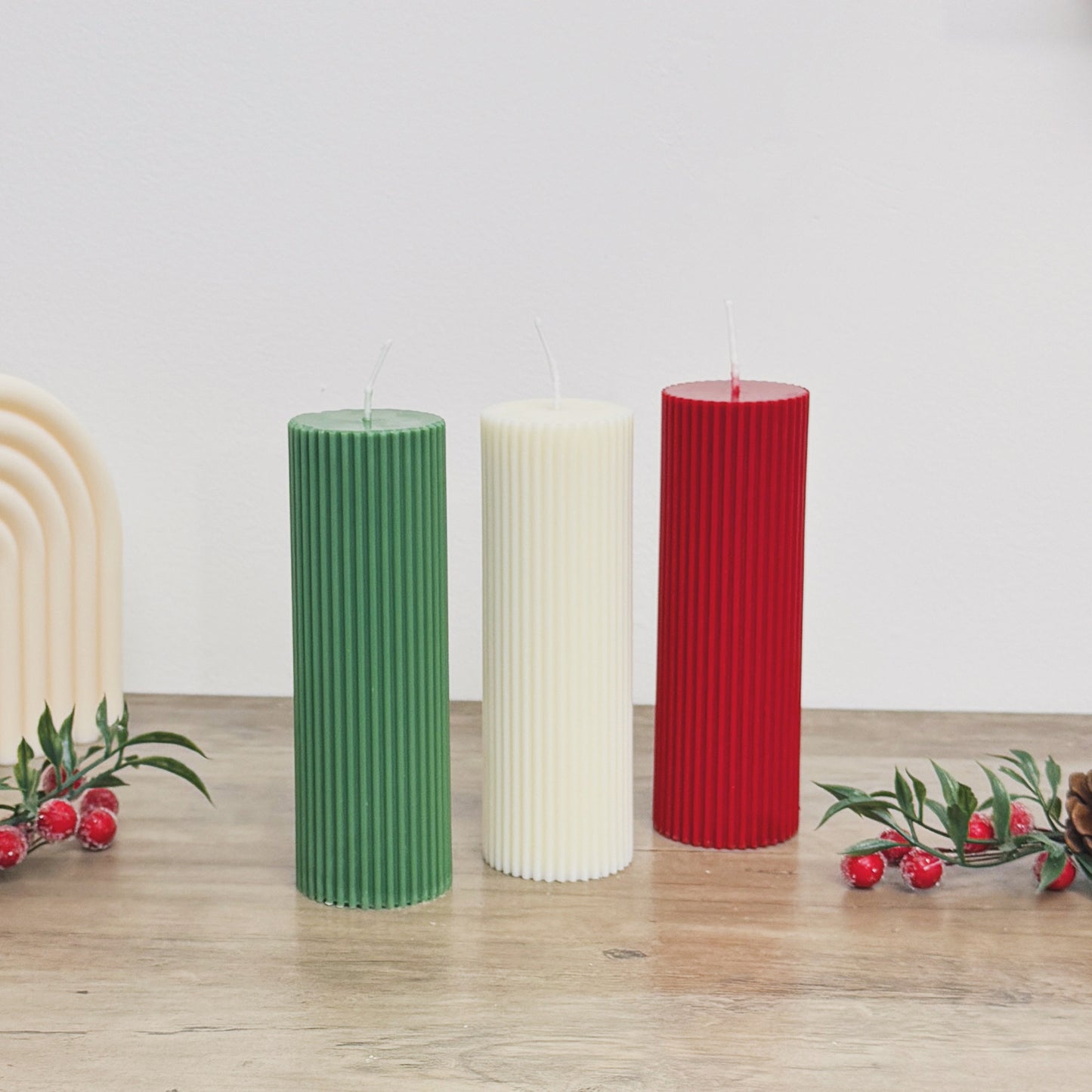 Ribbed Christmas Pillar Candles - Colourful Christmas Candles - Christmas Decor Candles