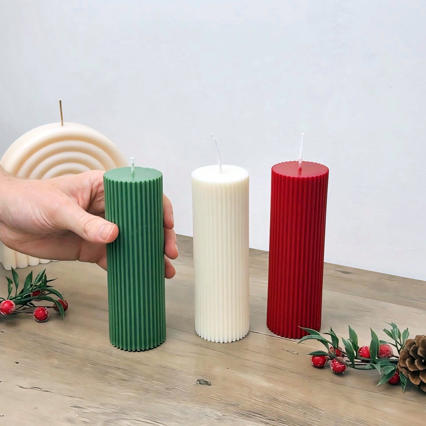 Ribbed Christmas Pillar Candles - Colourful Christmas Candles - Christmas Decor Candles