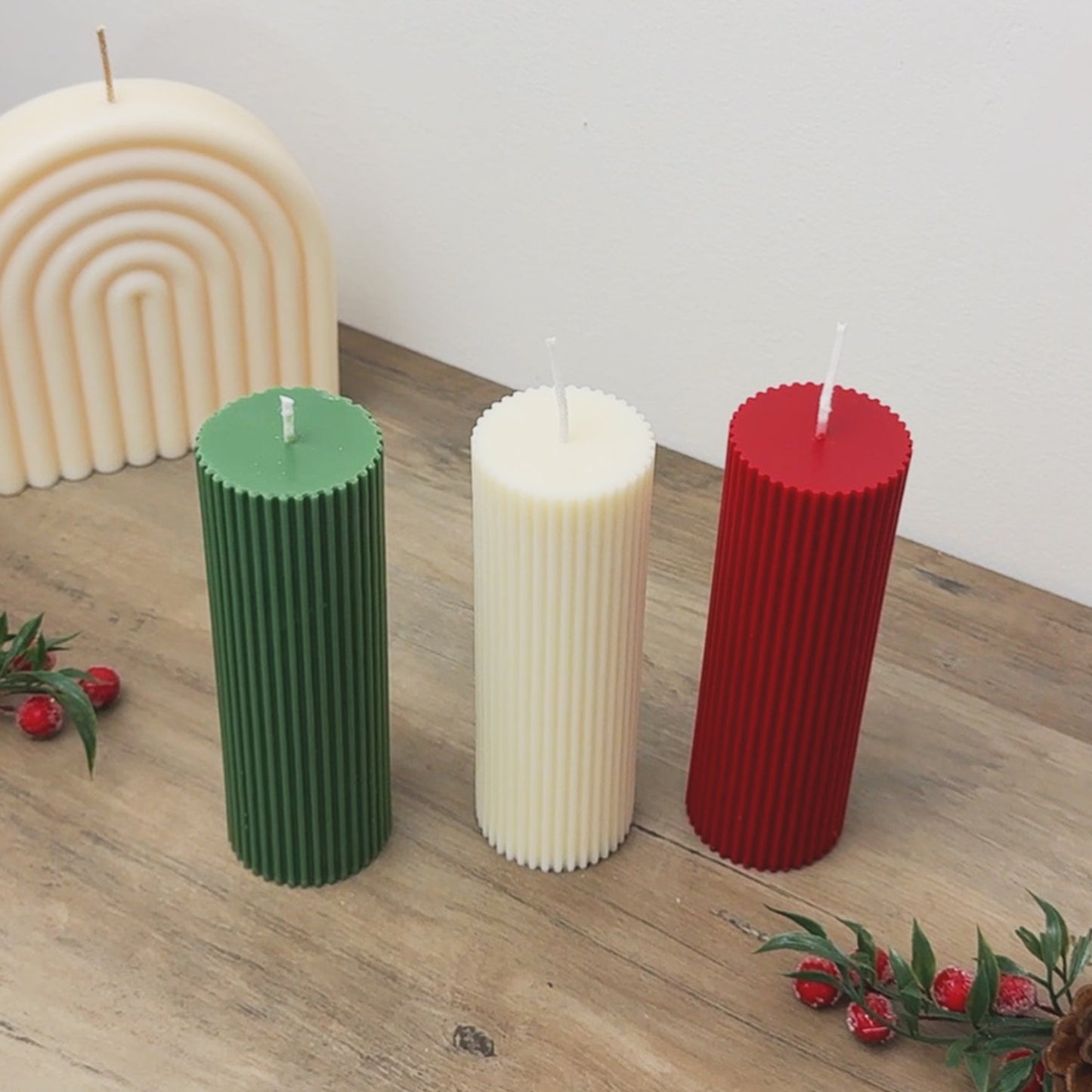 Ribbed Christmas Pillar Candles - Colourful Christmas Candles - Christmas Decor Candles