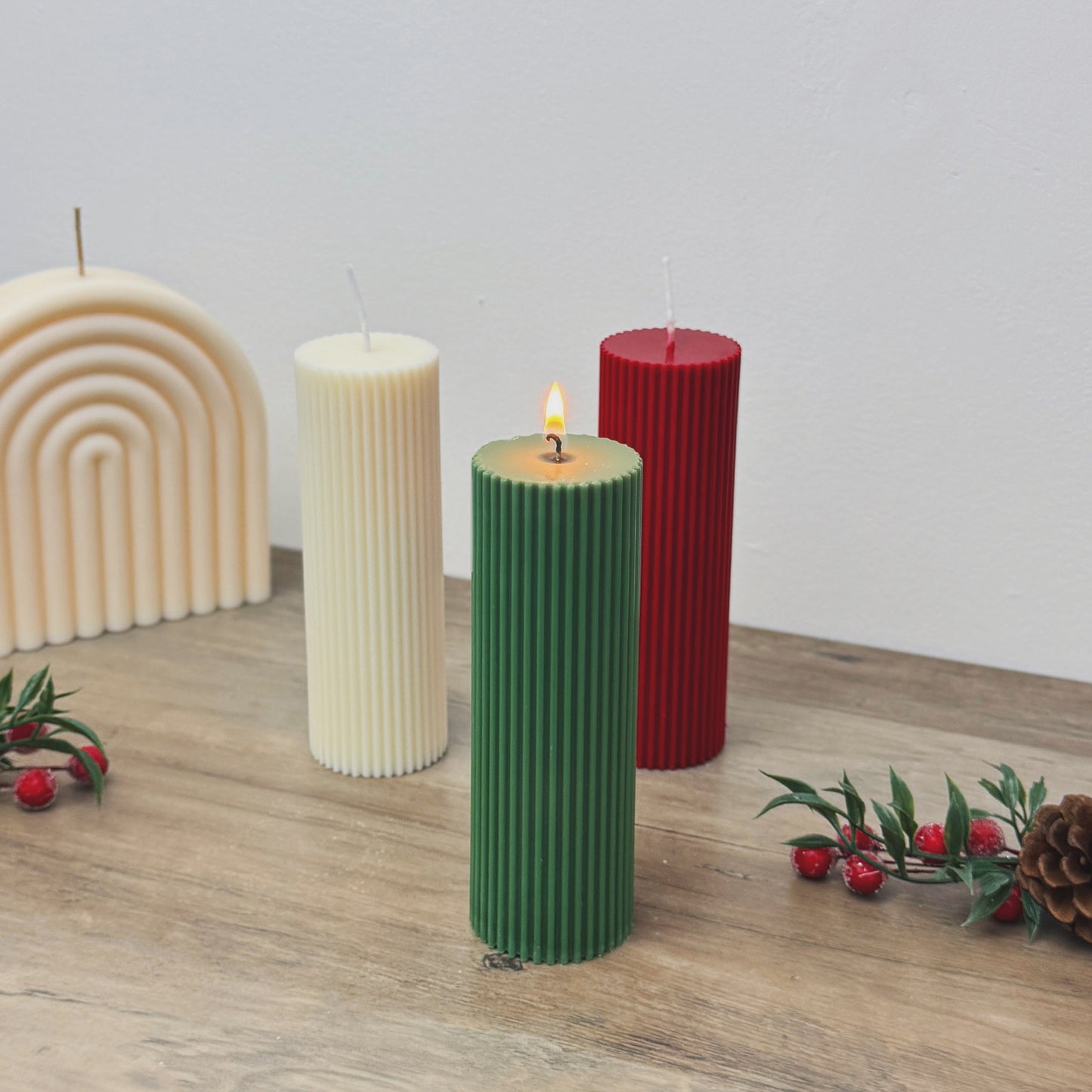 Ribbed Christmas Pillar Candles - Colourful Christmas Candles - Christmas Decor Candles