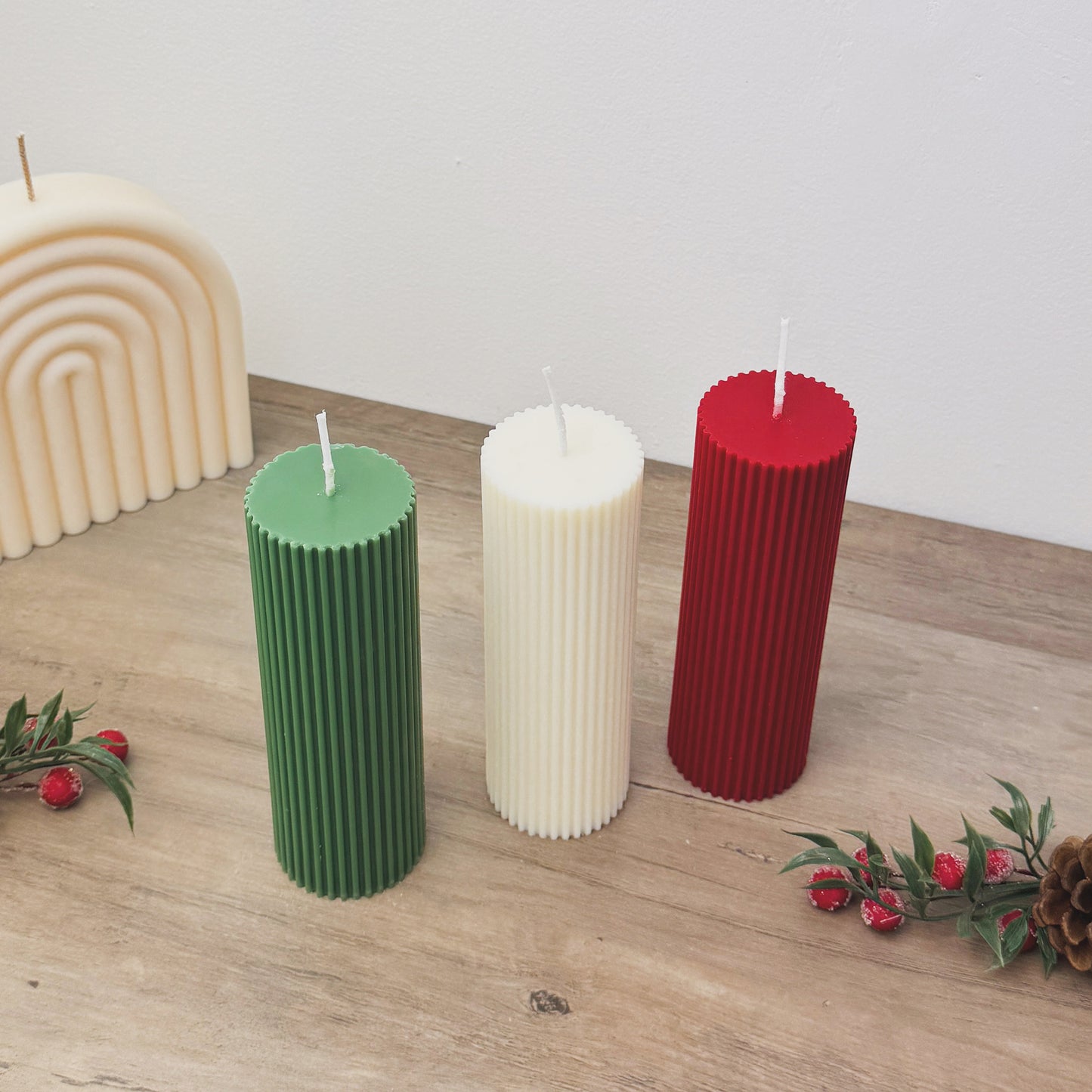 Ribbed Christmas Pillar Candles - Colourful Christmas Candles - Christmas Decor Candles