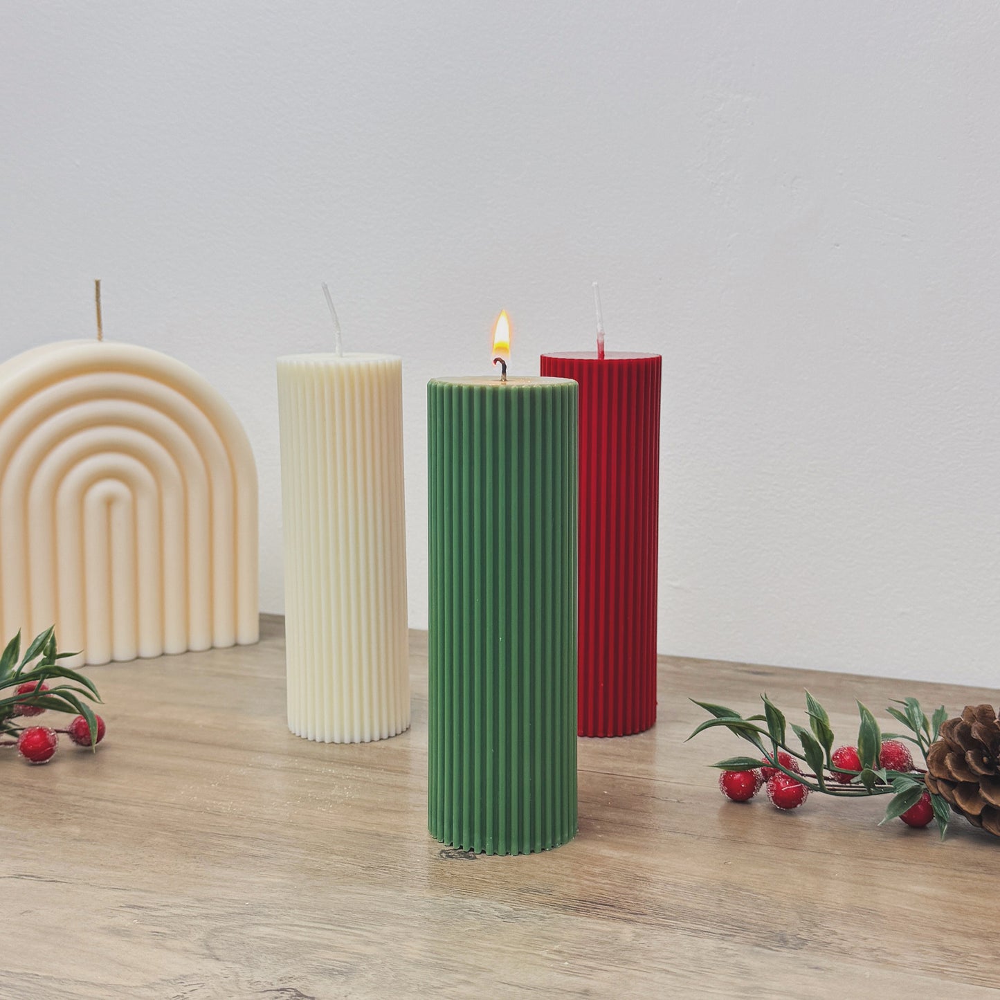 Ribbed Christmas Pillar Candles - Colourful Christmas Candles - Christmas Decor Candles